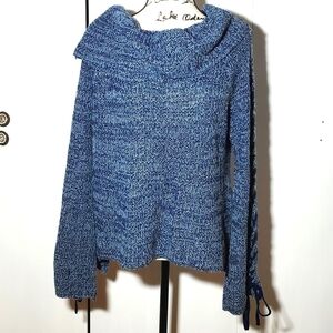 Say What? - Womens Blue cowl neck blended Sweater Mod Tie lace sleeves Sz. XL